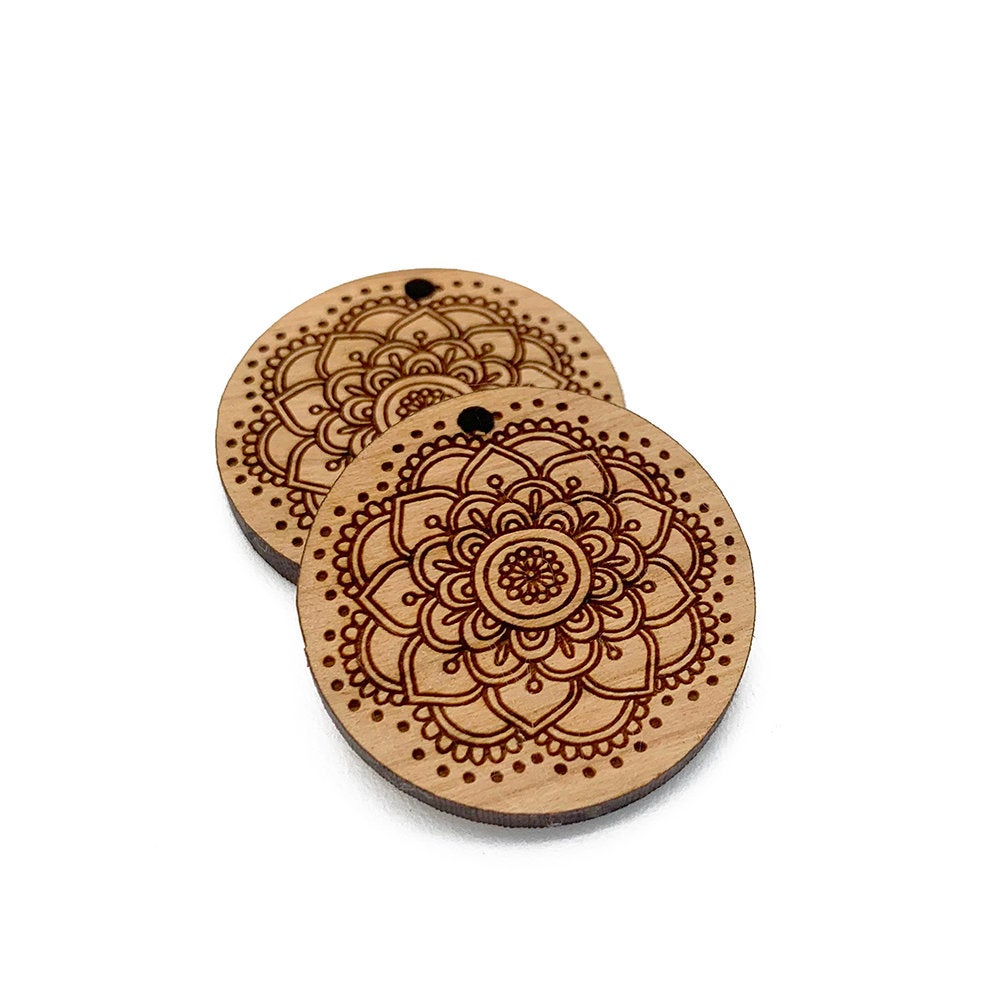 Mandala Engraved Circle Shaped Wood Jewelry Charm Blanks