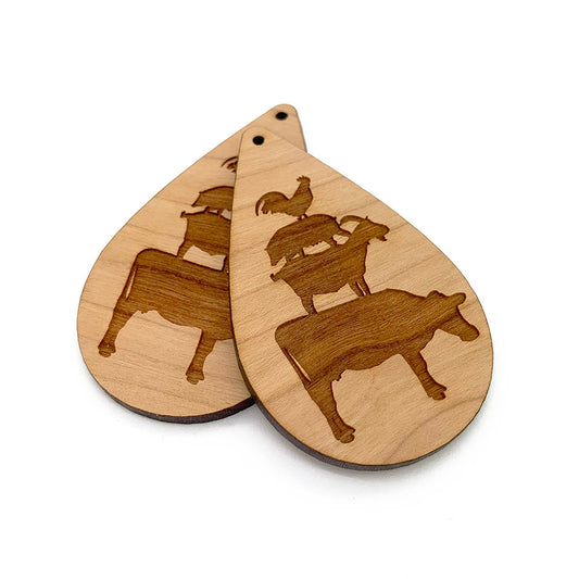 Farm Animals Engraved Large Tear Drop Shaped Wood Jewelry Charm Blanks