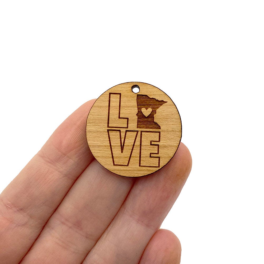 Love Minnesota Engraved Circle Shaped Wood Jewelry Charm Blanks