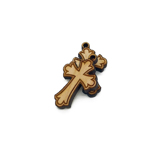 Decorative Cross Engraved Wood Jewelry Charm Blanks