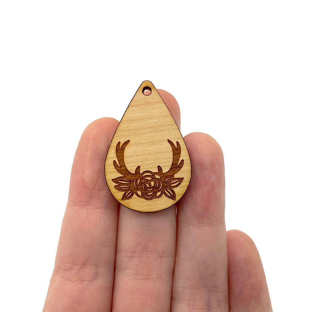Antler Floral Engraved Small Tear Drop Shaped Wood Jewelry Charm Blanks