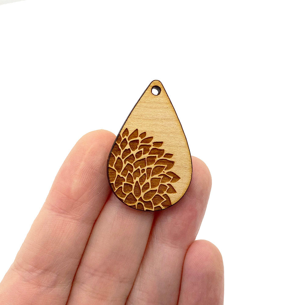 Floral Petals Engraved Small Tear Drop Shaped Wood Jewelry Charm Blanks