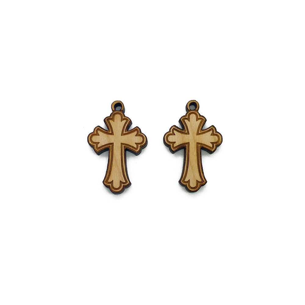 Decorative Cross Engraved Wood Jewelry Charm Blanks