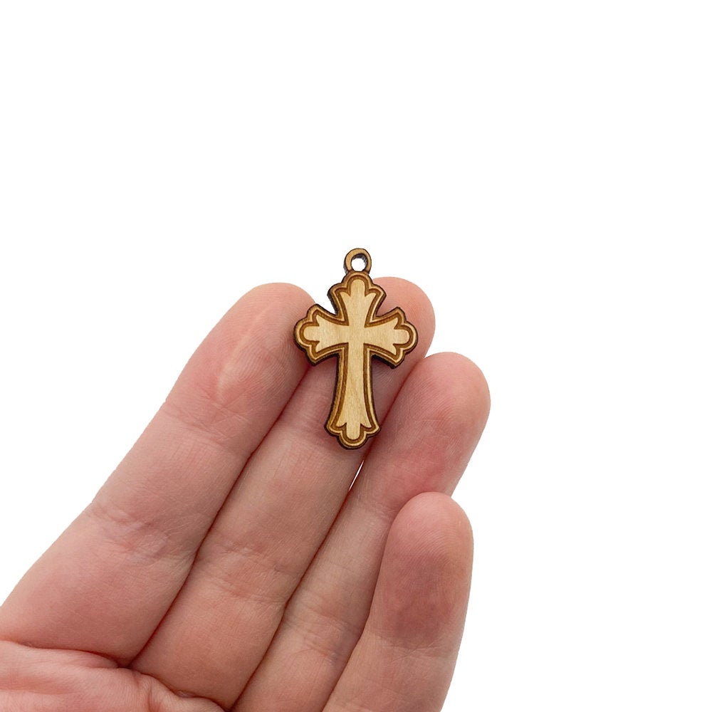 Decorative Cross Engraved Wood Jewelry Charm Blanks