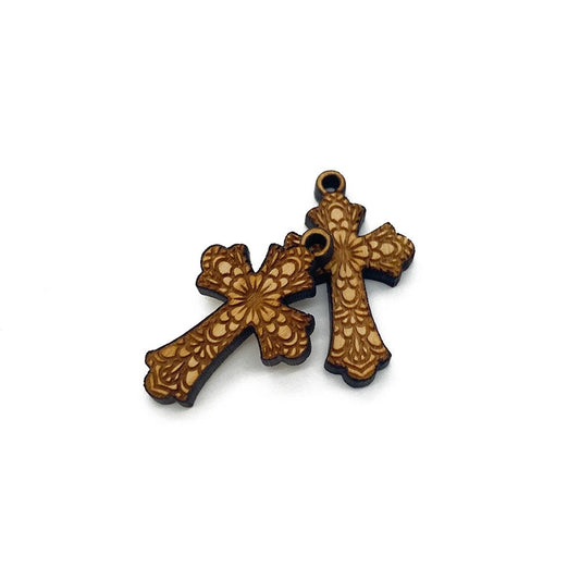 Stained Glass Cross Engraved Wood Jewelry Charm Blanks