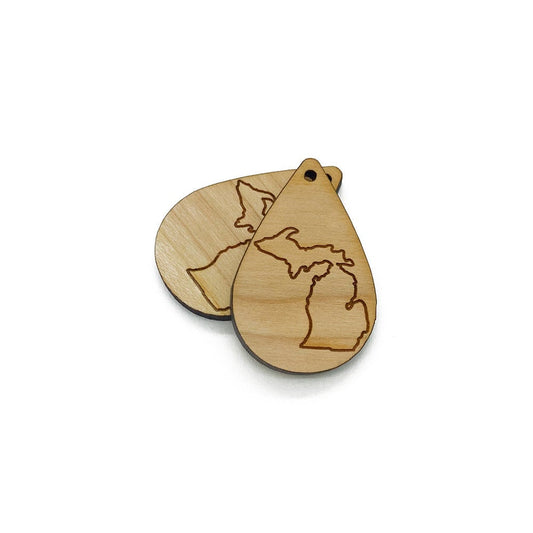 Michigan Outline Engraved Small Tear Drop Shaped Wood Jewelry Charm Blanks